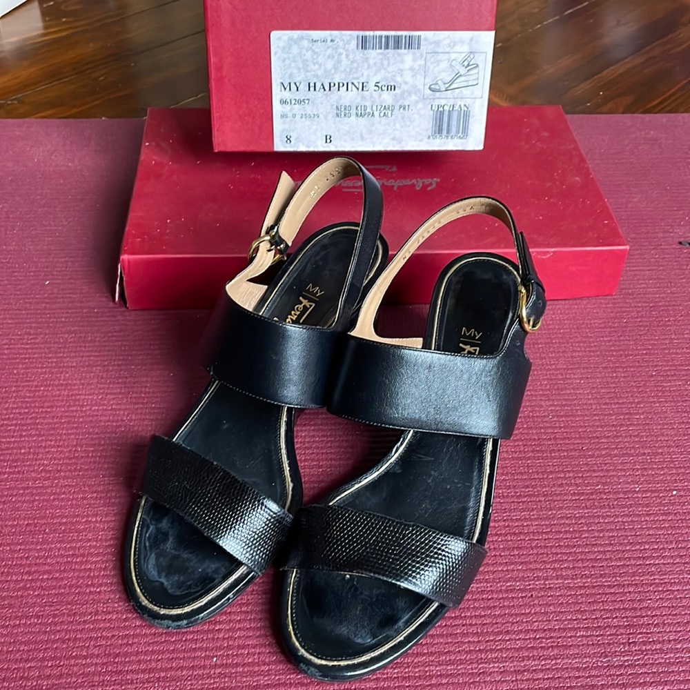 Ferragamo My Happine 5cm Black Wedge (Nero Kid Lizard Prt/Nero Nappa calf)